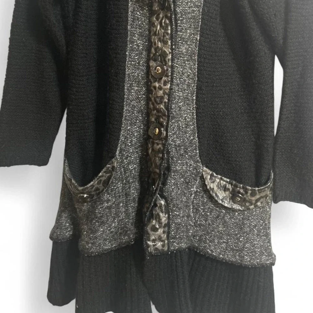 Women's Black and grey long knit‎ sweater with leopard print accents medium